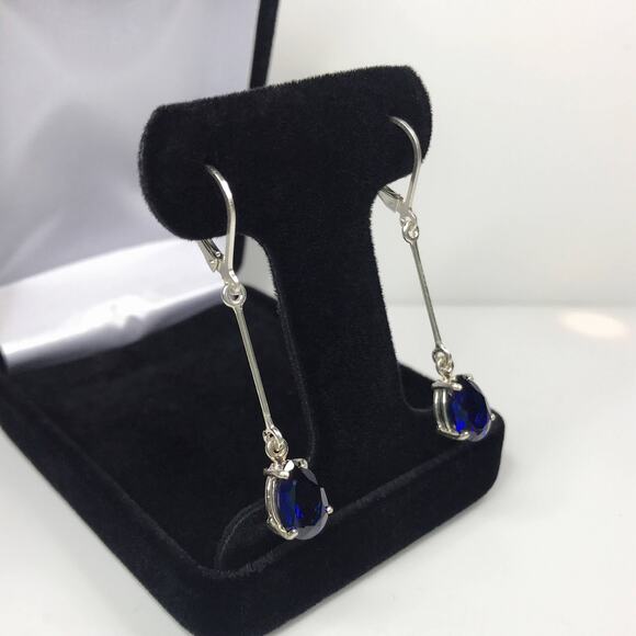 Beautiful 2" 6ctw Sapphire Earrings in Sterling Silver Lab Grown Sapphires - Picture 3 of 8
